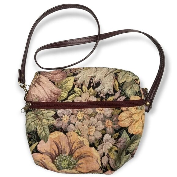 Vintage Handbags - Vintage Crossbody Floral Tapestry Bag Zipper Pocket Nature Goblin Fairy